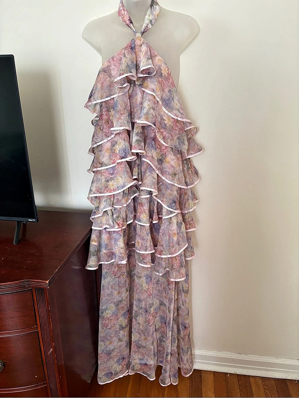 Elliatt Floral Ruffle Maxi Dress in Pink & Purple
